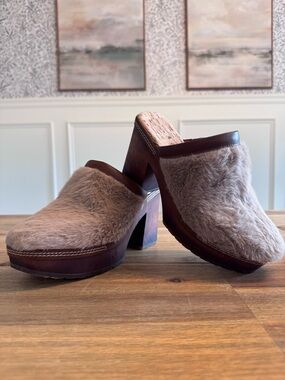 Korks Fur Taupe Clog Heels - Women's Slip-On Mules